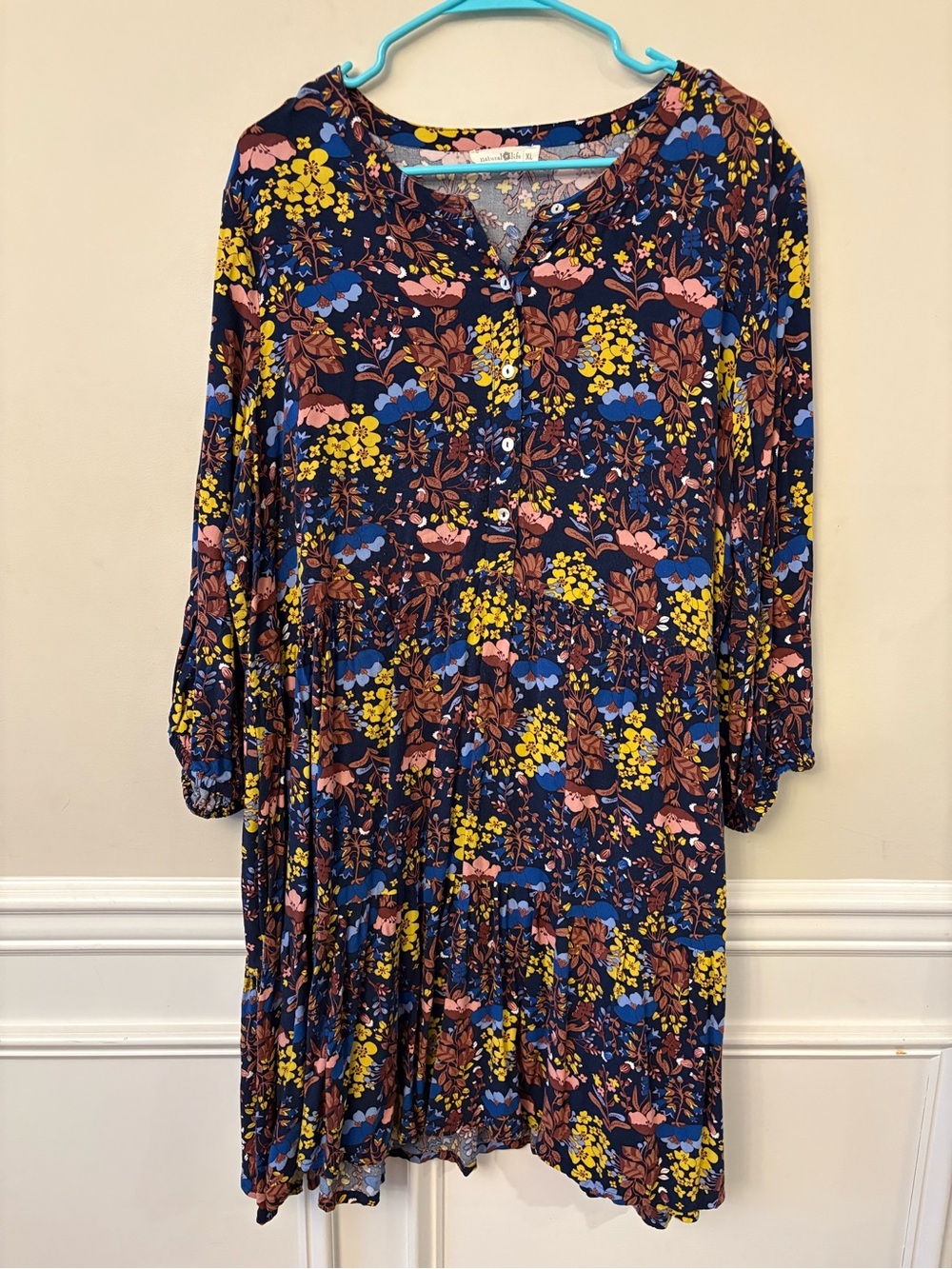 NATURAL LIFE Navy Floral Button-Front Tiered Dress - Yellow, Pink, Blue